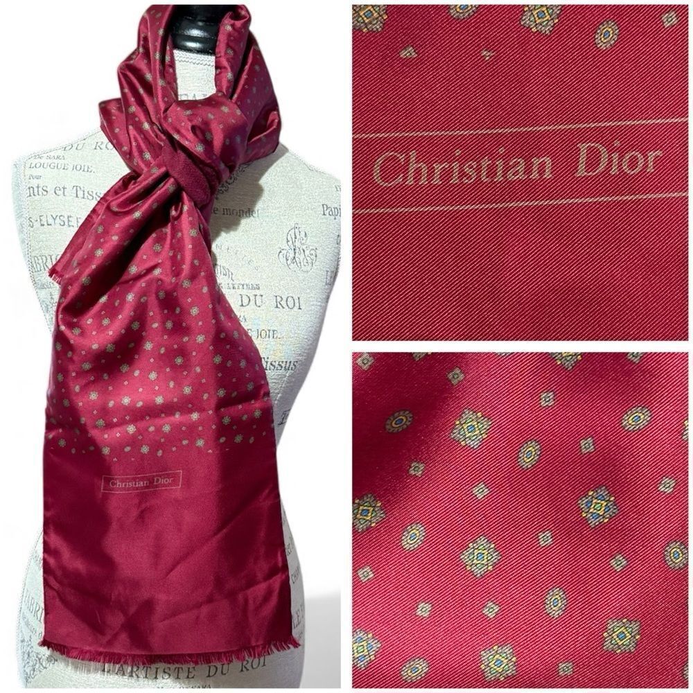 Vintage Christian Dior Reversible Silk and Wool Dark Red Printed Scarf 55” x 9”